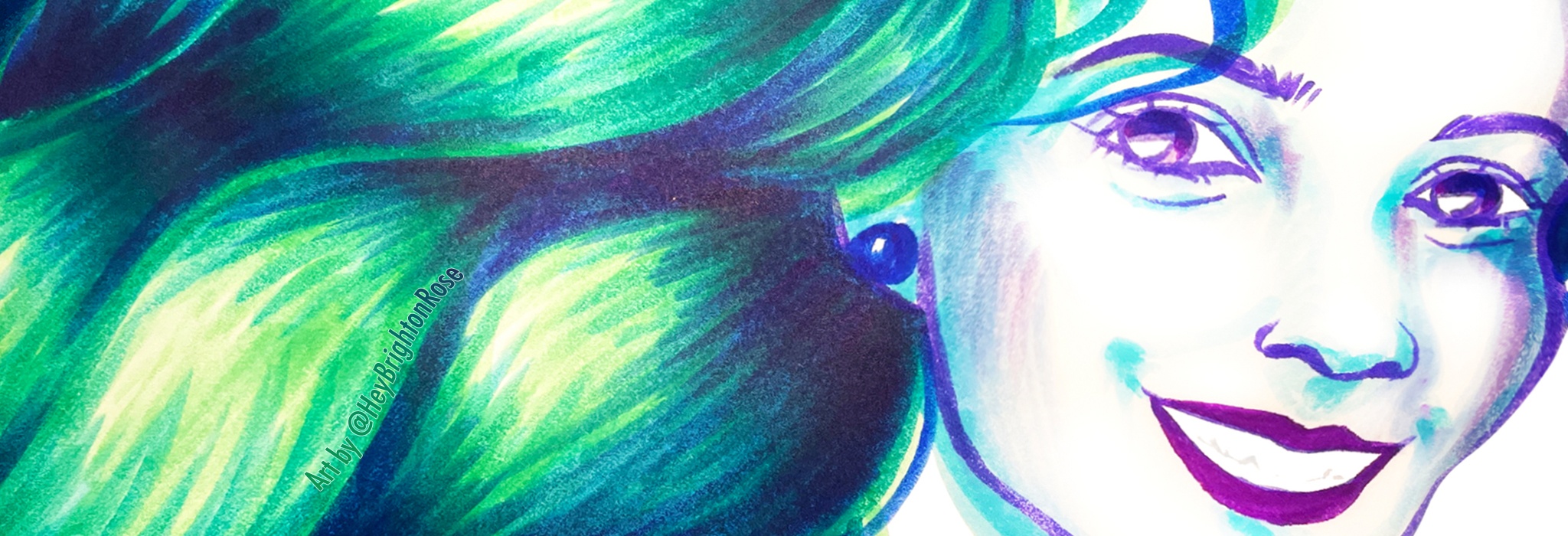 Header image: A stylized marker illustration of Leah Jordain in green, blue, and purple tones. It it zoomed in on her face, with some of her hair visible to the left. She is looking out at the viewer with a big smile, and her hair flows out behind her in waves of blue and green.