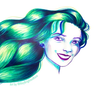 A stylized marker illustration of Leah Jordain in green, blue, and purple tones. She is looking out at the viewer with a big smile, and her hair flows out behind her and to her left in waves of blue and green.